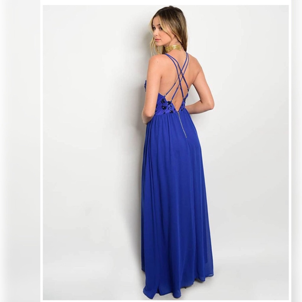 Royal Blue Floral Sequin Strappy Evening Dress - Picture 2 of 2